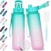 Aoprel drinking bottle 1l water bottle BPA-free from Tritan sport drinking bottle of carbon dioxide Suitable leak-proof 1 liter bottle for fitness hiking camping school and office green pink color gradient