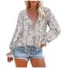Womens Tops Bohemian Floral Print T Shirt Fall Ruffled Long Sleeves Blouses Fashion 2022 V Neck Lace Up Sweatshirt XX-Large Gray