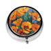 Yellow Flowers Portable Metal Pill Box Round Mini 3-Compartment Plastic Insert hinged Fastening Design Suitable for Small Pills Must-Have for Travel Black