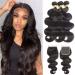 Body Wave Bundles with Closure(16 18 20 +14 )100% Unprocessed Brazilian Virgin Human Hair Body Wave Bundles with 4x4 Lace Closure Natural Black Color 16 18 20 +14 Inch
