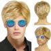 Tshaoun men blonde wig short men's wig curled men's boy band wig costume pony natural short wigs with sunglasses 70s 80s disco daily halloween carnival wig (blonde)