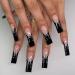 Coffin False Nails Long 24Pcs Black French Fake Nails with Flame Acrylic Press on Nails Nude French Tips False Nail with Nail Glue Ballerina Stick on Nails for Women Girls Nail Art