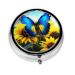 Sunflower Blue Butterfly Portable Metal Pill Box Round Mini 3-Compartment Plastic Insert hinged Fastening Design Suitable for Small Pills Must-Have for Travel