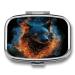 Pill Box Wolf Head in Blue Flames Print 2 Compartment Medicine Pill Case Pill Organizer Decorative Metal Portable Pill Box for Pocket Or Purse
