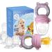 Baby Fruit Food Feeder Pacifier - Fresh Teething Pacifiers Infant Fruit Teething Teether Toy for 3-24 Months 6 Pcs Silicone Pouches for Toddlers & Kids & Babies Piggy Handle 2-Pack (Pink & Gray)
