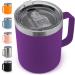 Zulay 12 oz Insulated Coffee Mug with Lid - Stainless Steel Camping Mug Tumbler with Handle - Double Wall Vacuum Duracoated Insulated Mug For Travel, Camping, Office, Outdoor (Purple)