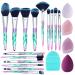 XMOSNZ Makeup Brushes 15pcs Premium Synthetic Bristles Crystal Handle Set Eyeshadow Brush Face Lip Eye Make Up Brush Sets Professional with 4 Makeup Sponges and Brush Egg(Lake Blue)