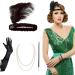 AOT 1920s Flapper Headband Set Vintage Feather Headpiece with Necklace Cigarette Rod and Long Black Gloves 20s Theme Party Accessories for Women Costume Prom Wedding Carnival Party Party Accessory Set