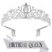 ZeroStage Birthday Queen Sash and Tiara for Women Crystal Crown Rhinestone Hair Headband Set Happy Party Princess Decorations Accessories Girls Gifts Outfit Kits Silver