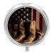 Round Pill Box American Flag with Cowboy Boots Print 3 Compartment Medicine Pill Case Print Pill Organizer Decorative Metal Portable Pill Box Pocket Pill Box Style