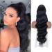 Drawstring Ponytail Extension for Women 24 Inch Long Wavy Black Synthetic Heat Resistant Wrap Around Ponytail Extensions Hairpieces for Women (1B)