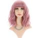 FAELBATY Short Wave Pink Bob Wig with Bangs - Shoulder Length Curly Wavy Synthetic Cosplay Wig for Women and Girls - Pastel Pink Costume Wig - Buy Online on GoSupps.com