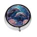 Two Cute Dolphins Portable Metal Pill Box Round Mini 3-Compartment Plastic Insert hinged Fastening Design Suitable for Small Pills Must-Have for Travel