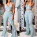 Women's Two Piece Zipper Halter Tank Top and Denim Flare Pants Set - Blue, Size Small - Buy Online on GoSupps.com