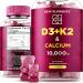 Sugar Free Vitamin D3 K2 Gummies 10000 IU with Calcium 100mg - VIT D3 for Adults - Mk7 Vitamin K2 100mcg - Vitamin D Supplement for Men & Women - Vegan Gluten Free Non-GMO