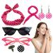 Polka Dot Headbands for Women Drop Earrings Headbands 1950s Outfi Set | Print Dangle Earrings with Vintage Hair Bands Chiffon Scarf Cat Eye Glasses Hot Pink One Size