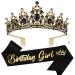 SuPoo Birthday Sash Birthday Girl Crown Black Birthday Tiara for Women Crowns for Girls Rhinestones Headband Crystal Tiara with Comb Gift Party Halloween Birthday Decoration Set Gold and Black