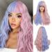 Oefei long wavy half blue half pink wigs with pony for women natural synthetic hair heat -resistant wig for Halloween cosplay party use