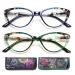 Cat Eye Reading Glasses for Women, EYEURL 2 Pack Blue Light Blocking Readers for Ladies Spring Hinge Fashion Pattern +2.0 Magnification Anti Eyestrain UV Protection Blue+green 2.0 x