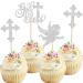 Rsstarxi 24 Pack God Bless and Cross Cupcake Toppers Glitter Angel Christening Babyshower Boy Baptism Cupcake Picks Decorations for First Communion Baptism Party Cake Decorations Silver