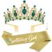 SuPoo Birthday Crowns Birthday Sash and Crown Kit Green Birthday Tiara Rhinestones Crown with Comb Glitter Birthday Girls Sash Crystal Headband Happy Birthday Decorations Gifts for Women Green and Gold