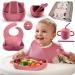 Silicone Baby Weaning Set by KIDOLEO - Suction Plate & Bowl - Straw Sippy Cup Or Snack Cup - Adjustable Bib - Folk & Spoon - 7 Piece Silicone Toddler Baby-Feeding-Set (Pink)