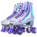 JajaHoho Roller Skates for Women, Holographic High Top PU Leather Rollerskates, Shiny Double-Row Four Wheels Quad Skates for Girls and Age 8-50 Indoor Outdoor SILVER US 9