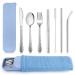 Travel Portable Utensils Set E-far 9-Piece Small Reusable Silverware Set with Case Metal Hammered Camping Cutlery Flatware Set Includes Fork Spoon Knife Chopsticks Straws - Blue Blue 9