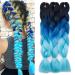 Hair extension 60cm crochet braids Two tone ombre braiding hair synthetic braid 3 PCs /300g - dark black to dark blue to sky blue 60 cm (3 -pack) dark black to sky blue