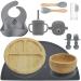 Baby Luxe 10 Piece Bamboo Weaning Set + Toothbrush Teether. Divided Suction Plate Bowl Sippy Cup Adjustable Bib Placemat Spoon Fork Kids Cutlery. Self Feeding Tableware (Charcoal Grey)