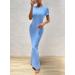 Maxi Dress for Women Short Sleeve Solid Color Round Neck Sexy Soft Elegant Long Bodycon Dresses M Blue - Buy Online on GoSupps.com