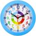 Kiddus wall clock for children. Analogue time teacher with time learning exercises. Silent clock. Many languages. English Blue