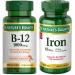 Nature's Bounty Energy & Vitality Bundle: Vitamin B12 1000 Mcg Supplements (200 Count) for Energy Metabolism + Iron 65 Mg Tablets (100 Count) for Cellular Energy & Red Blood Cell Support