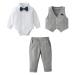 Amissz Baby Boy Clothes Outfit Suits 3-18 Months Infant Gentleman Long Sleeve Romper Jumpsuit+Pants+Bow Tie Formal Tuxedo Clothing Set for Boys 9-12 Months Grey