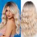 WOKESTAR Long Highlight Champagne Blonde Wigs for Women Synthetic Hair Wig with Curtain Fringe