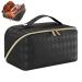 PU Makeup Bag Large Capacity Travel Make Up Bag Waterproof Portable Toiletry Bag with Divider and Handle Flat Lay Black Make up Organizer Travel Essentials Large Opening Makeup Bag