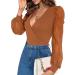 Fayenne Womens Tops Deep V Neck Cross Wrap Sexy Tops Polka Dot Mesh Long Sleeve T Shirt Casual Blouses XL Caramel