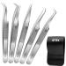 GTEX Lash Tweezers For Eyelash Extensions Tweezers Circle Grip - Japanese Steel - Professional Eyelash Tweezers For Extensions 5 Pack - Silver