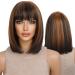 KOME Short Bob Wigs for Women Brown mixed Blonde Highlight Bob Wig with Bangs Balayage Straight Shoulder Length Synthetic Wig for Daily Use 12IN Brown Highlights