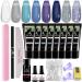 Poly Nail Extension Gel Kit-8 Colors Poly Nails Gel Kit Blue Purple Glitter All In One Kit Builder Glue Gel with Base Top Coat Set Nail Forms French Manicure Set for Beginner Starter Valentine's Day Gifts