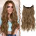 FESHFEN Invisible Wire Hair Extensions with Transparent Wire Adjustable Size with 2 Secure Clips Synthetic Hair Piece Long Wavy Secret Headband Hairpieces for Women 16 inch Golden Brown Mixed