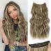QGZ Invisible Wire Hair Extension with Adjustable Transparent Wire 20 Inch Synthetic Long Wavy Hairpieces for Women with 4 Secure Clips (Chestnut Brown with Beach Blonde Highlights) 20 Inch Chestnut Brown with Beach Blon...