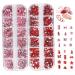 Nail Gems 2 Plates Rhinestones for Nail Art 2 Colors 12 Grids Different Shape 3D Nail Art Gems with Rhinestone Picker Dotting Pen Style1 Beauty Supplies red + as shown