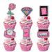 18pcs Pink Glitter Dessert Cupcake Topper for Make Up Flowers Diamond Theme Decor Supplies Lady Woman Girls Happy Birthday Bachelor Wedding Party Decoration