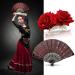 Women Rose Flower Hair Clip & Sequins Fabric Folding Fan Set for Flamenco Dancer Costume & Halloween Cosplay - Buy Online on GoSupps.com
