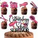 Pink Glitter 1pcs Cake Topper 12pcs Cupcake Topper Pick for Congrats I Survived Cosmetology School Hairstylist Theme Decor Supplies Boys Girls 2024 College Graduation Party Decorations