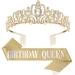 Makone Gold Birthday Princess Crown with Birthday Queen Sash Tiaras for Women or Girls Crystal Headband Hair Accessories for Party Cake Topper 002 Gold