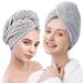 ELLEWIN Bamboo Hair Towel Wrap 2 Pack, Microfiber Hair Drying Shower Turban with Buttons,Super Absorbent Quick Dry Hair Towels for Curly Long Thick Hair, Rapid Dry Head Towel Wrap for Women Anti Frizz Stripe&grey-2pack