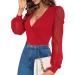 Fayenne Womens Tops Deep V Neck Cross Wrap Sexy Tops Polka Dot Mesh Long Sleeve T Shirt Casual Blouses M Red