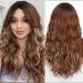 WOKESTAR Long Highlight Brown Wigs for Women Synthetic Hair Wig with Curtain Fringe